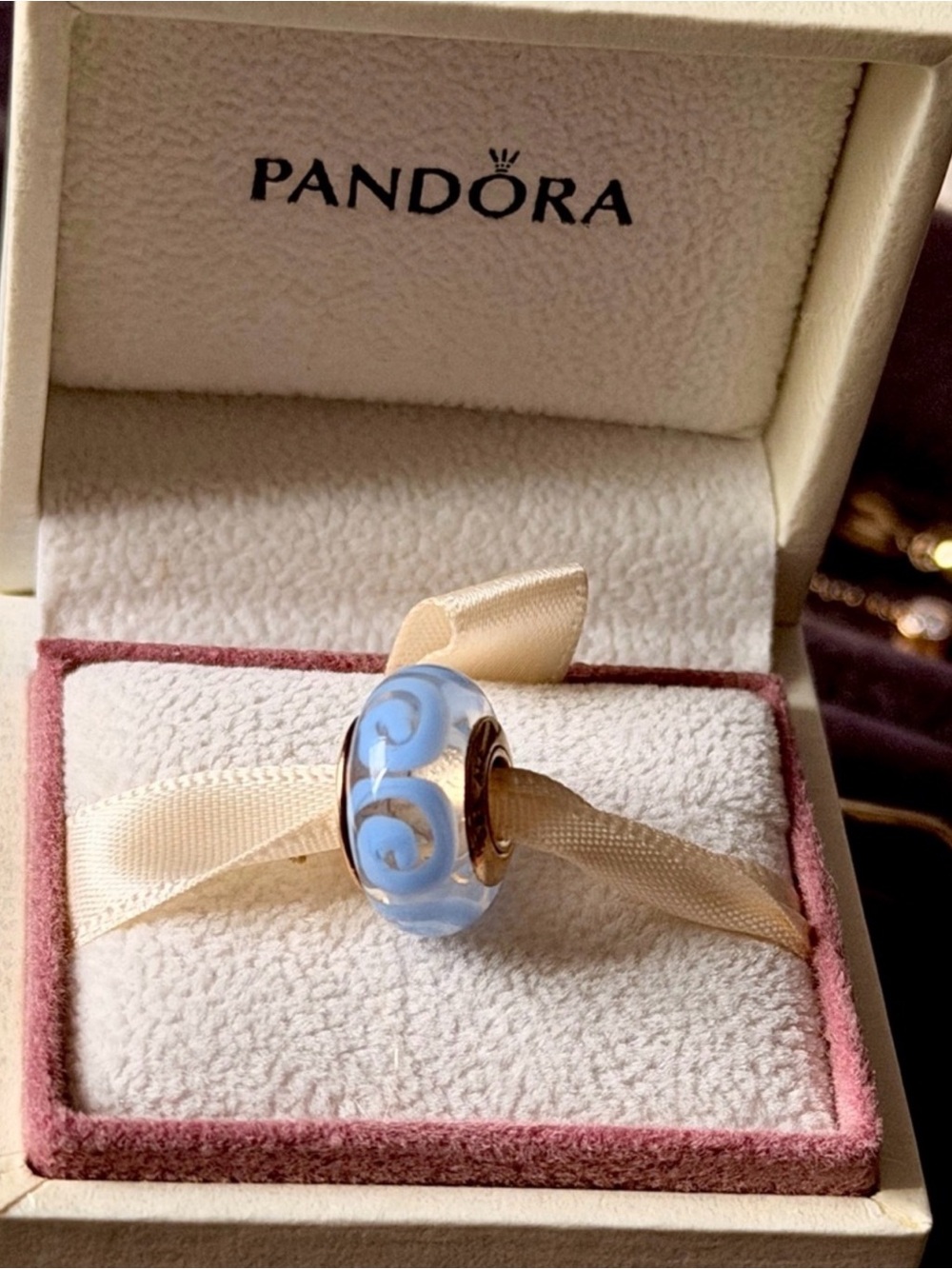 Pandora Solid 14k Gold Light Blue Murano Glass Swirl Charm